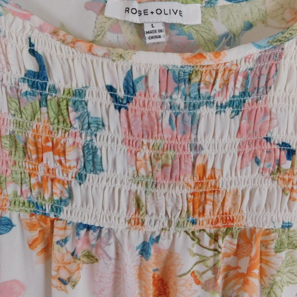 Rose + Olive Floral Smocked Blouse Cream Orange Pink Blue Long Sleeve Large - Picture 3 of 10